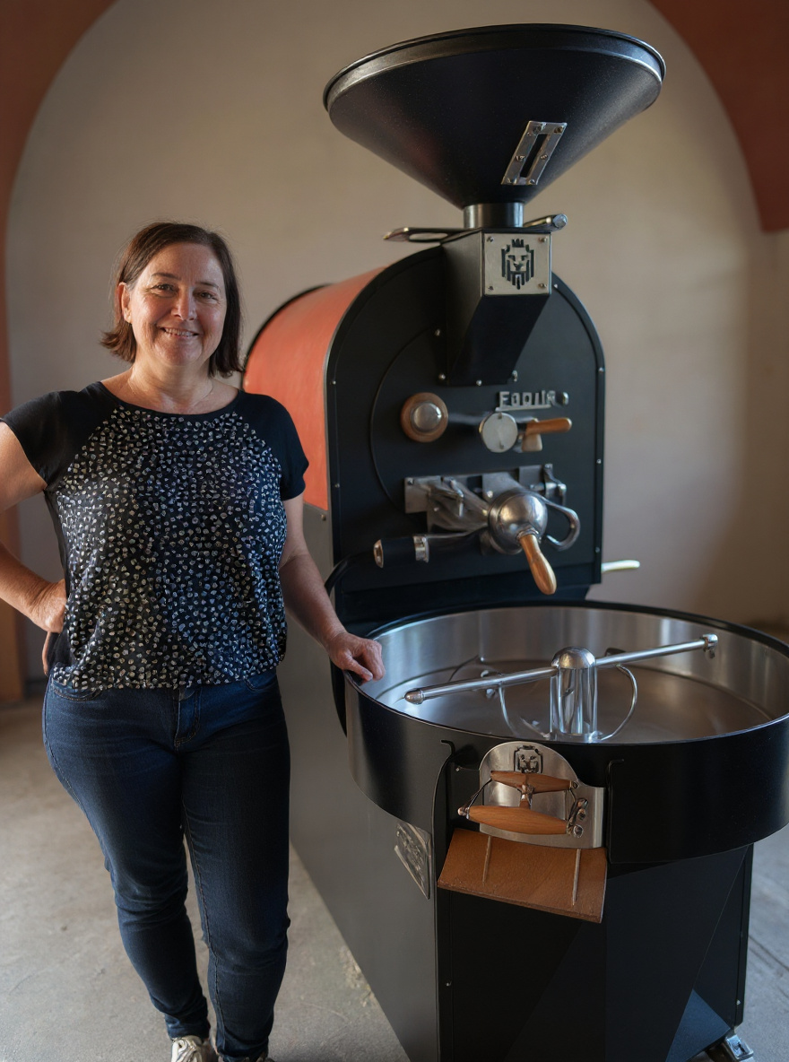 Magalie devant la machine à torréfier, dans l'atelier de Marmande